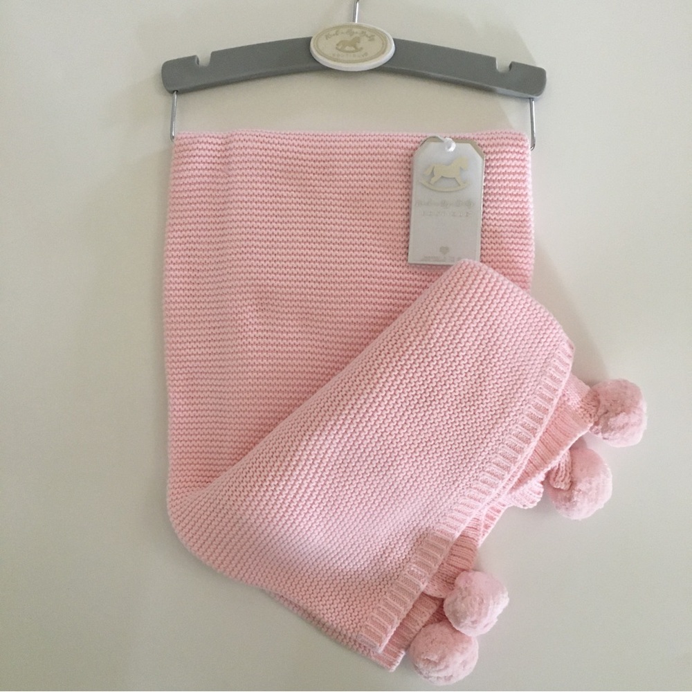 NEW Baby Blanket Cotton Knit Pink with  Pom Poms | Rock a Bye Baby Boutique